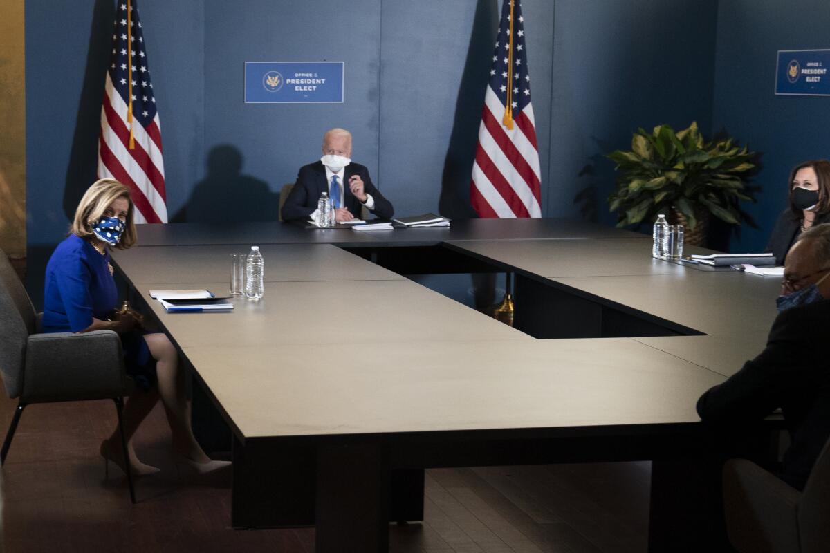 President-elect Joe Biden meets with Vice President-elect Kamala Harris, Sen. Charles E. Schumer and Speaker Nancy Pelosi.