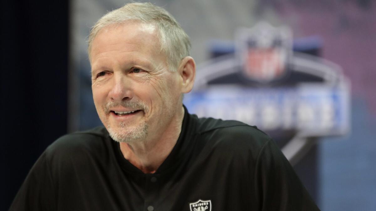 Oakland Raiders general manager Mike Mayock speaks during a news conference at the NFL football scouting combine Feb. 27 in Indianapolis.