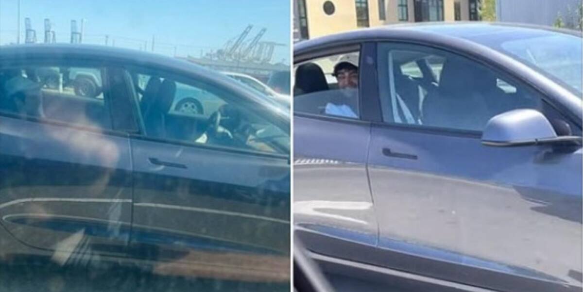 Two photos show a man sitting in the back seat of a Tesla car with no driver.