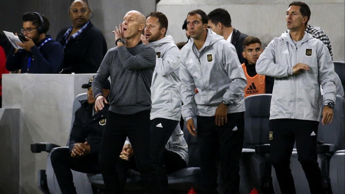 LAFC coach Bob Bradley directs his team against the Seattle Sounders on April 29.