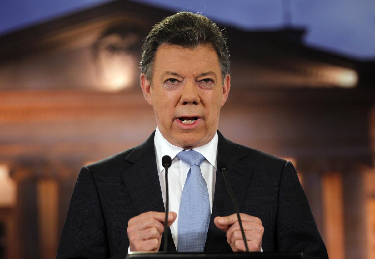 Colombia's President Juan Manuel Santos is seen delivering a speech during a televised address to the nation at the presidential palace in Bogota, Colombia on Aug. 27, 2012. Earlier this week, the Santos administration and the rebel group, known as FARC, announced that they had reached a landmark agreement on agrarian reform.