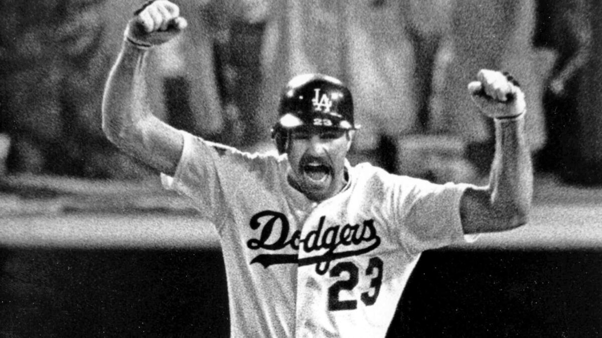 Kirk Gibson is pumped as he rounds the bases after hitting his famous game-winning home run off Dennis Eckersley in Game 1 of the 1988 World Series.