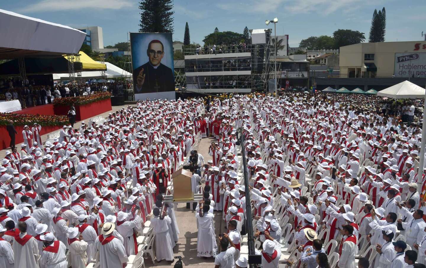 Catholics participate in a Mass celebrating the beatification of Salvadorean Archbishop Oscar Romero at San Salvador's main square on Saturday.