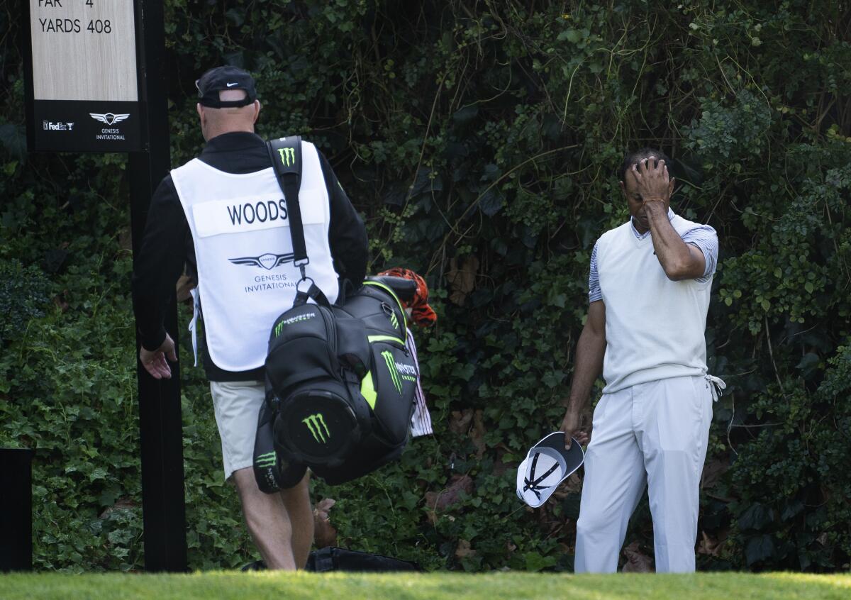Tiger Woods reacts after bogeying the sixth hole at Riviera Country Club during the second round of the Genesis Invitational on Feb. 14, 2020.