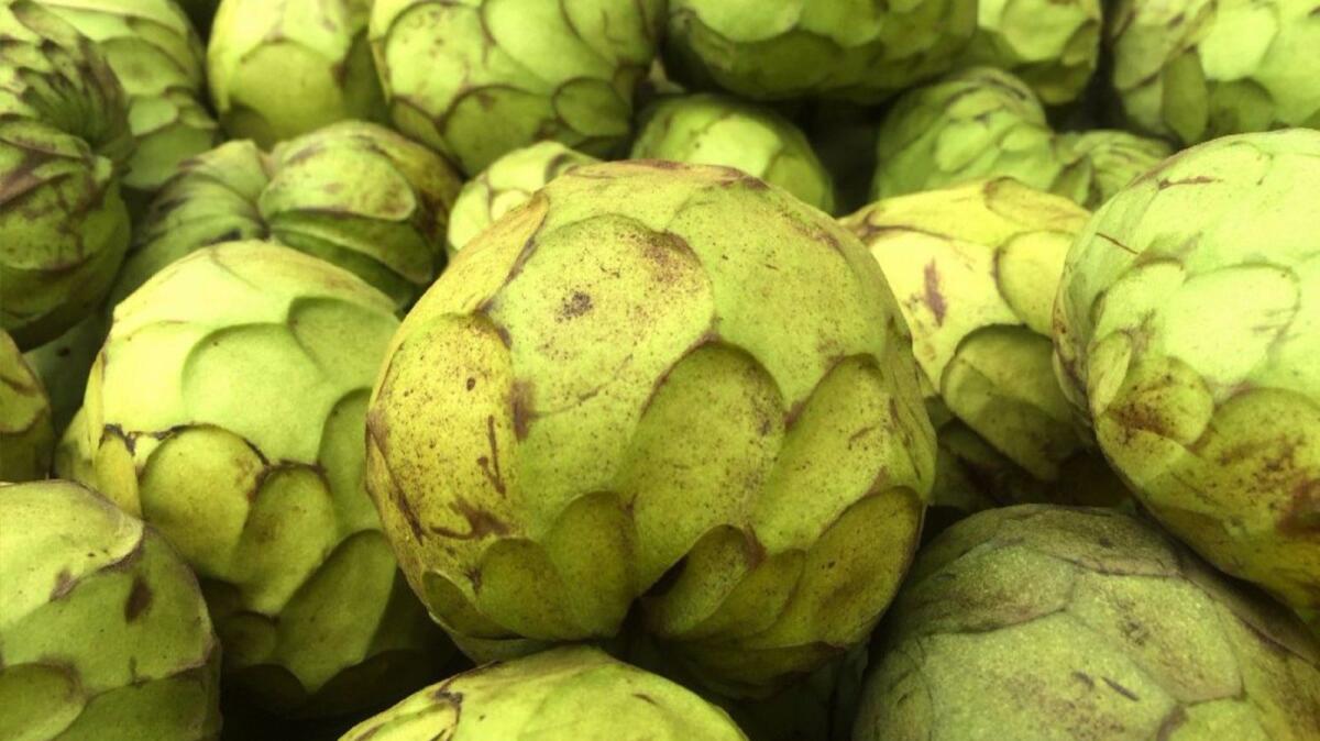 Cherimoya fruit from Rancho El Rincon at the Santa Monica farmers market.