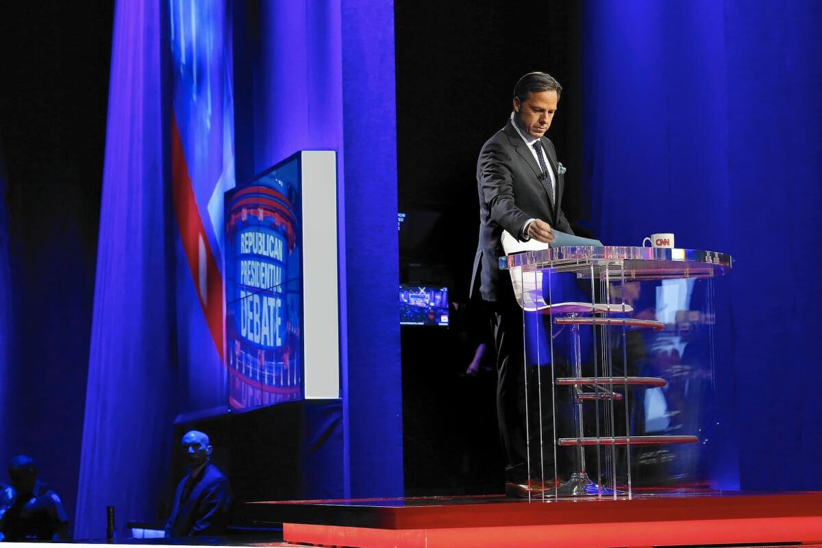 Moderator Jake Tapper takes part in extensive preparations by CNN’s team before the Republican presidential debate that was broadcast from Florida.