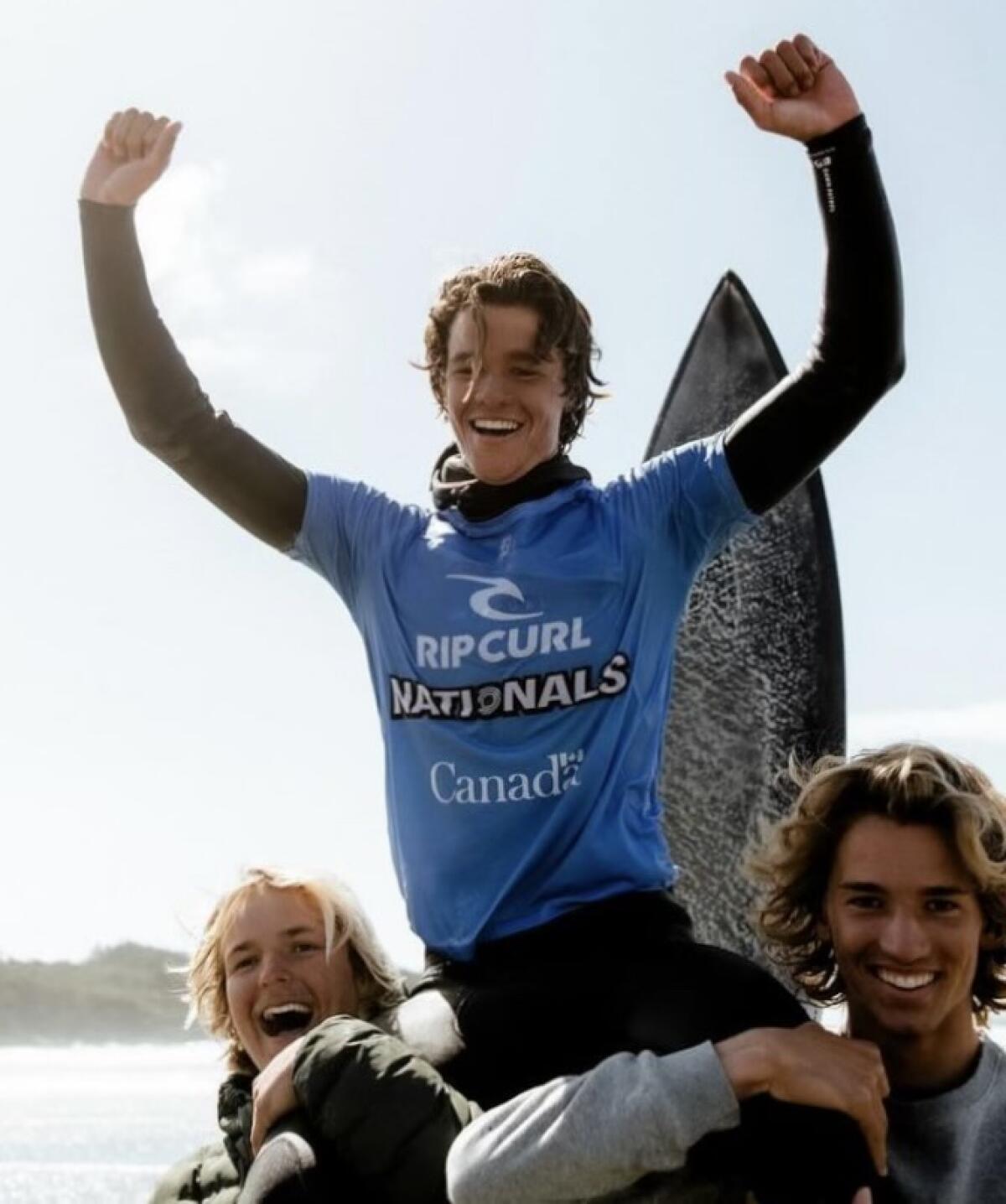 Moorpark resident and surfing star Jonas Meskis celebrates after a ride.