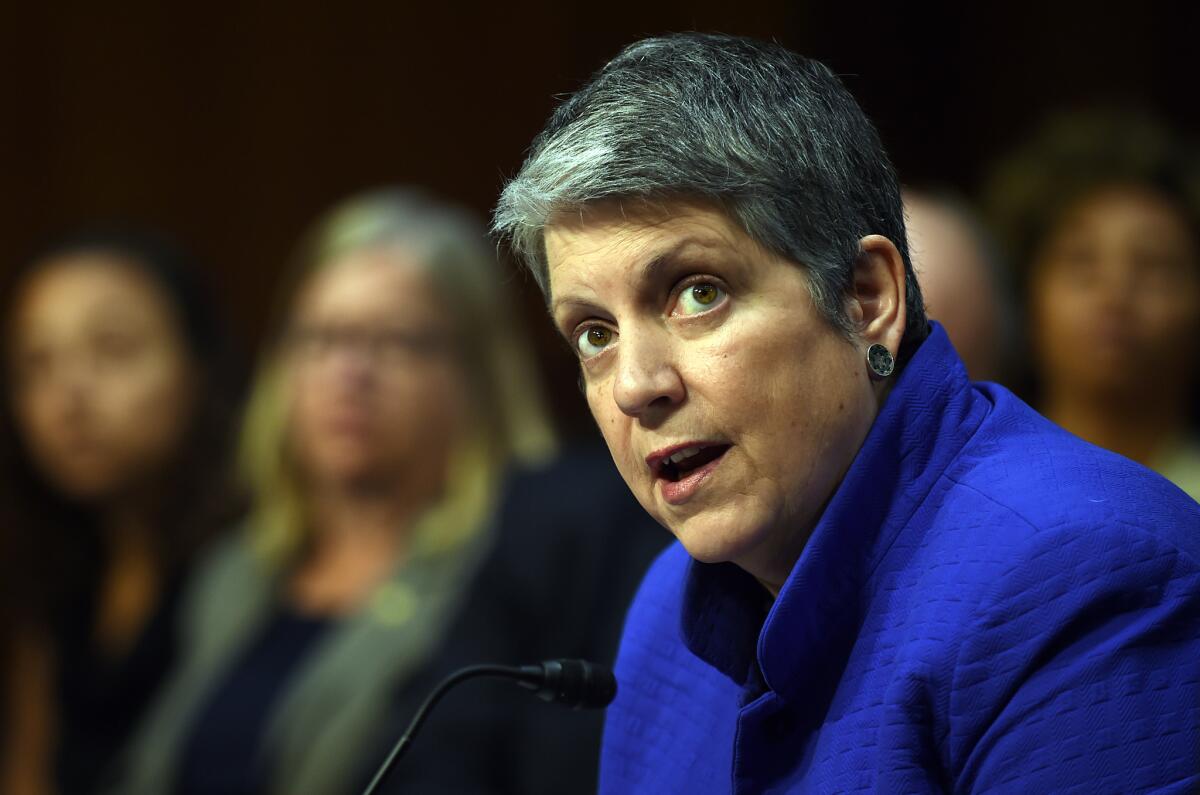 UC President Janet Napolitano speaks during a hearing of the Senate Health, Education, Labor and Pensions Committee in Washington on July 29.