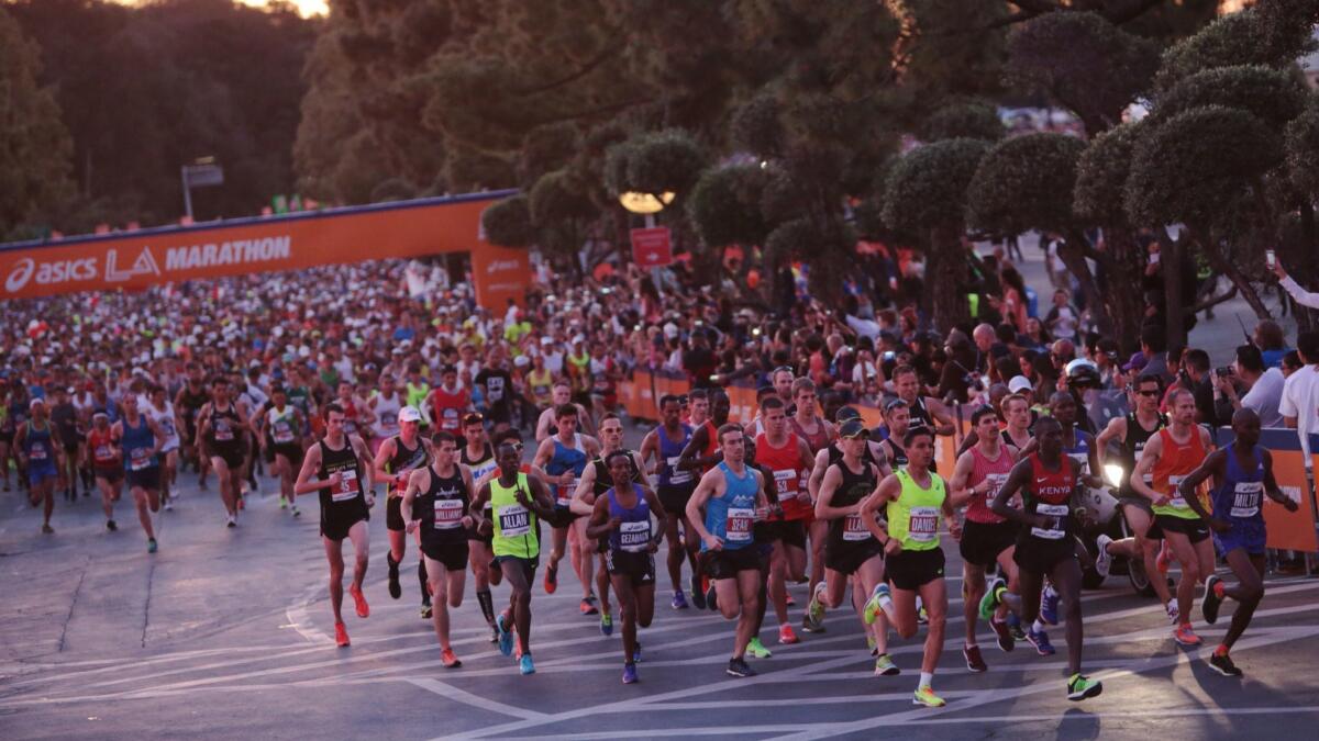 Elite runners at the start of the 30th L.A. Marathon at Dodger Stadium, in 2015.