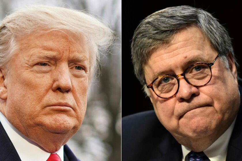 (FILES) This combination of file pictures created on March 23, 2019 shows (L-R) US President Donald Trump speaking to reporters on March 22, 2019, in Washington, DC; US Attorney General nominee William Barr testifying on January 15, 2019, during a Senate Judiciary Committee confirmation hearing in Washington, DC; and FBI Director Robert Mueller testifying on June 19, 2013, before the US Senate Judiciary Committee in Washington, DC. - Two weeks after he exonerated President Donald Trump in the Russia meddling investigation, Attorney General Bill Barr faces mounting pressure to show the full evidence behind his decision. (Photos by AFP)MANDEL NGAN,NICHOLAS KAMM,SAUL LOEB/AFP/Getty Images ** OUTS - ELSENT, FPG, CM - OUTS * NM, PH, VA if sourced by CT, LA or MoD **