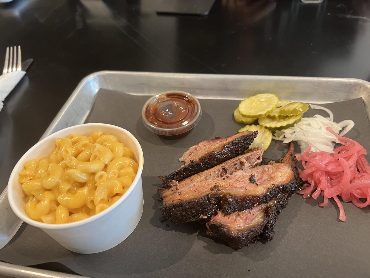 Brisket and mac & cheese from A.J.'s Tex Mex BBQ in Valley Village.