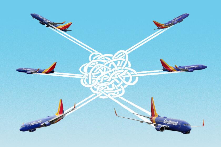 photo illustration of 6 southwest airplanes entangled in their own condensation trails.