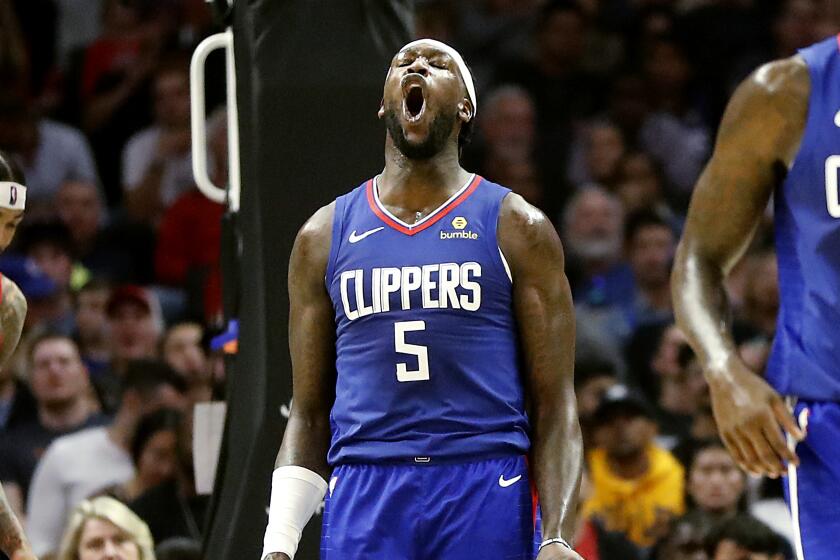 LOS ANGELES, CALIF. - NOV. 24, 2019. Clippers forward Montrezl Harrell celebrates after scoring a basket against the Pelicans in the fourth quarter at Staples Center in Los Angeles on Sunday night, Nov. 24, 2019. (Luis Sinco/Los Angeles Times)