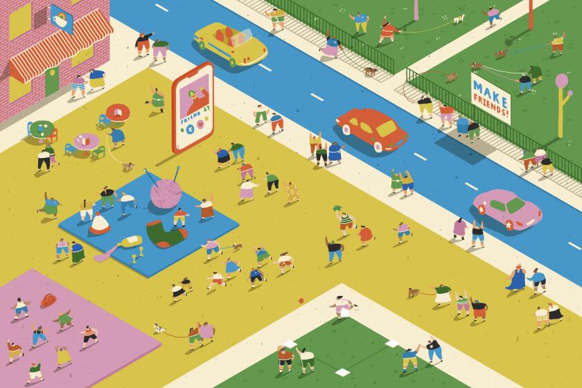 An illustration of a city block with friendly activities.