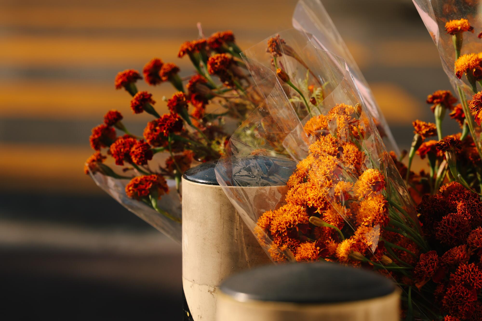 Bouquets of marigolds in water for sale on Avenida César Chávez. 