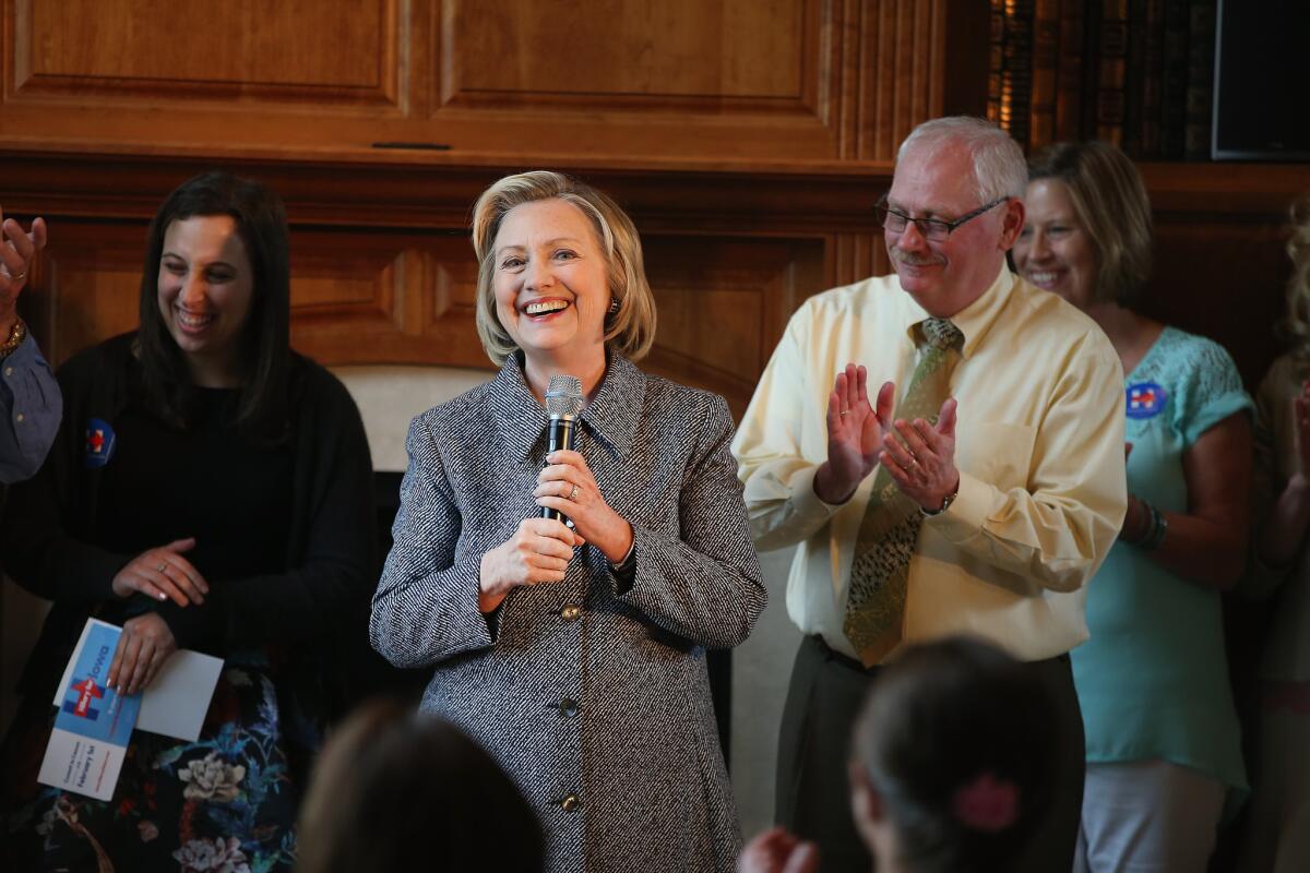 Democratic presidential front-runner Hillary Clinton speaks during a campaign swing through Iowa, where she is being dogged by another round of headlines about her use of a private email account while secretary of State.
