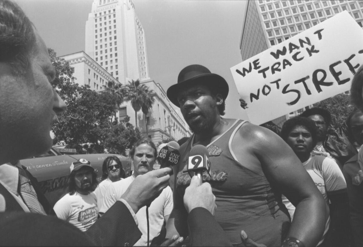 Big Willie lobbied hard, including with demonstrations outside City Hall, for a safe place for L.A. racers to meet. (Fitzgerald Whitney / Los Angeles Times)