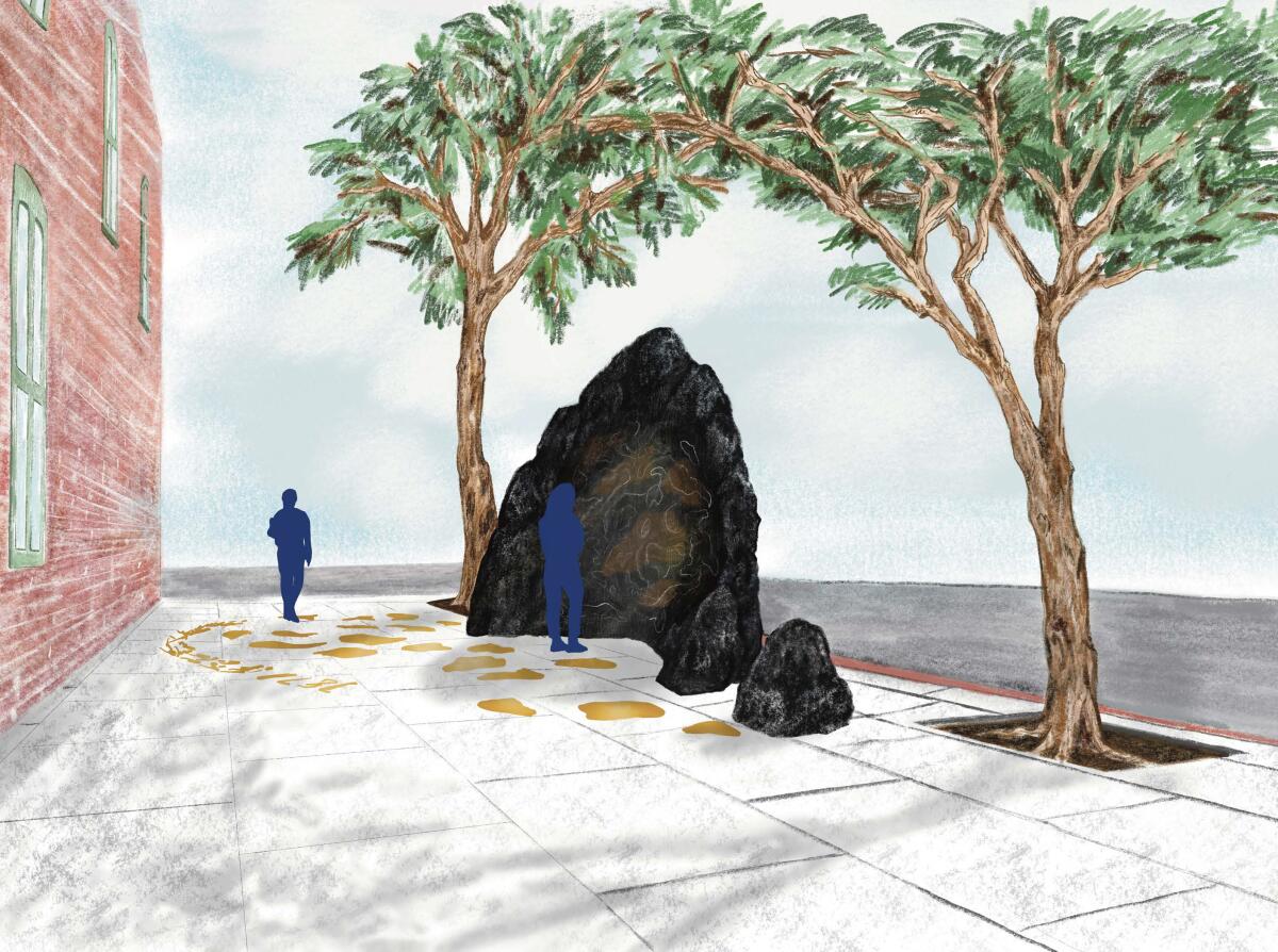 A rendering shows the silhouette of person standing before a large-scale form of a Chinese scholar's rock on a sidewalk