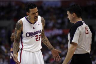LOS ANGELES, CA -- SUNDAY, APRIL 7, 2013 -- The Clippers Matt Barnes protests a fou during the game between the Lakers and the Clippers on Sunday afternoon at the Staples Center in Los Angeles. ( Rick Loomis / Los Angeles Times)