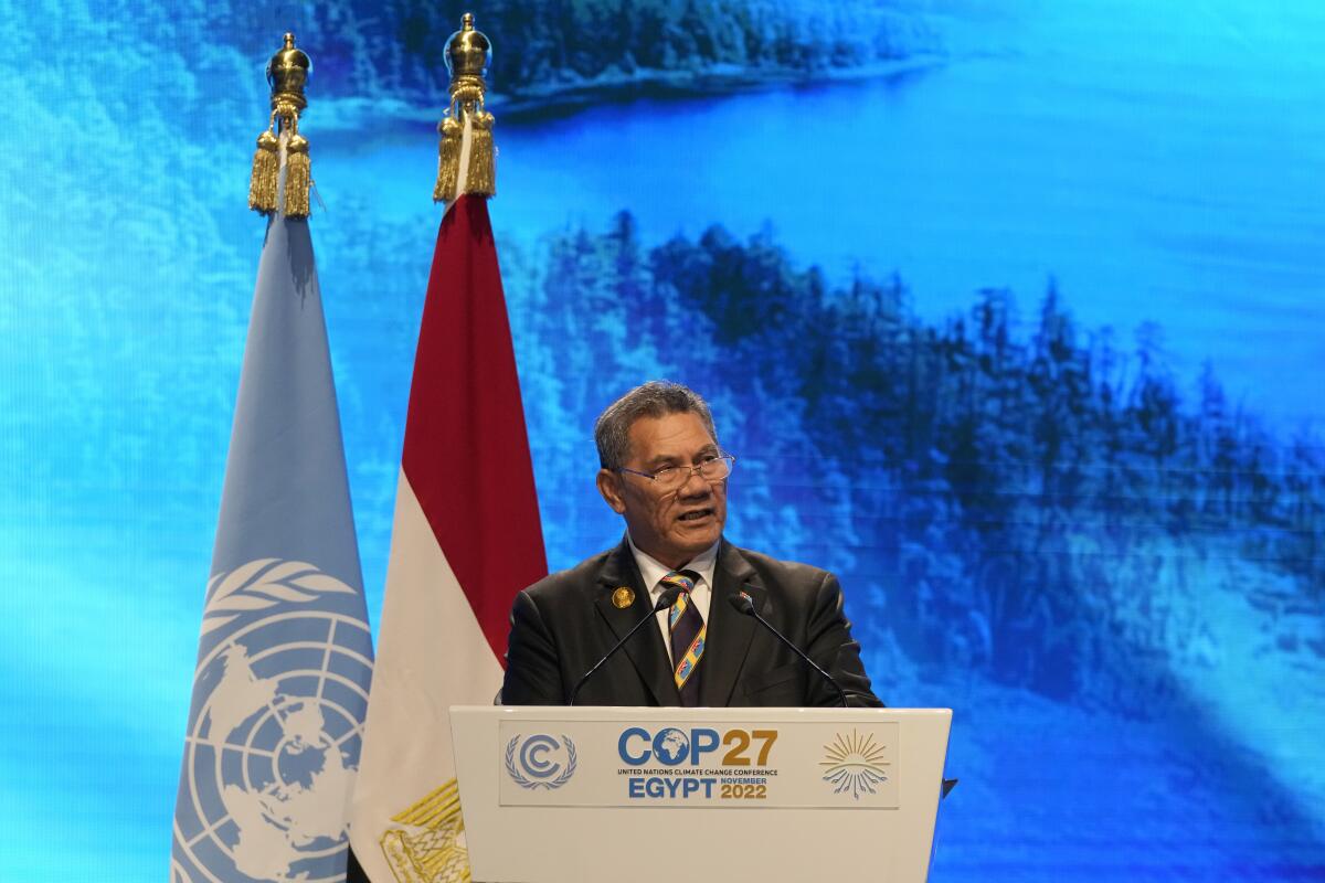 Kausea Natano, prime minister of Tuvalu, speaks at the COP27 U.N. Climate Summit, Tuesday, Nov. 8, 2022, in Sharm el-Sheikh, Egypt. (AP Photo/Peter Dejong)