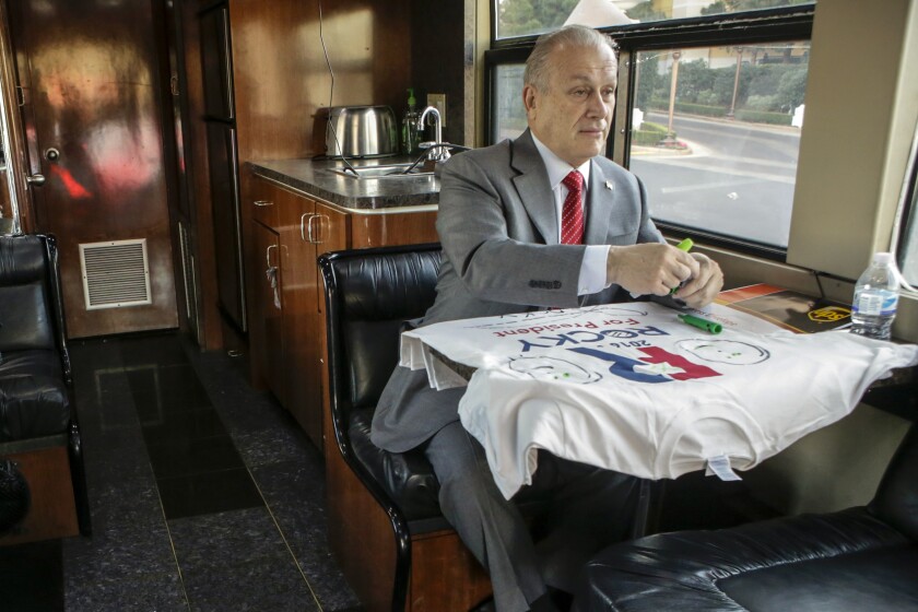 Roque "Rocky" De La Fuente is pictured during his 2016 Democratic campaign for president of the United States. He was in one of his fleet of nine traveling campaign buses during the Nevada caucus in Las Vegas. De La Fuente again has filed as a candidate for president in 2020. This time, he is running as a Republican.