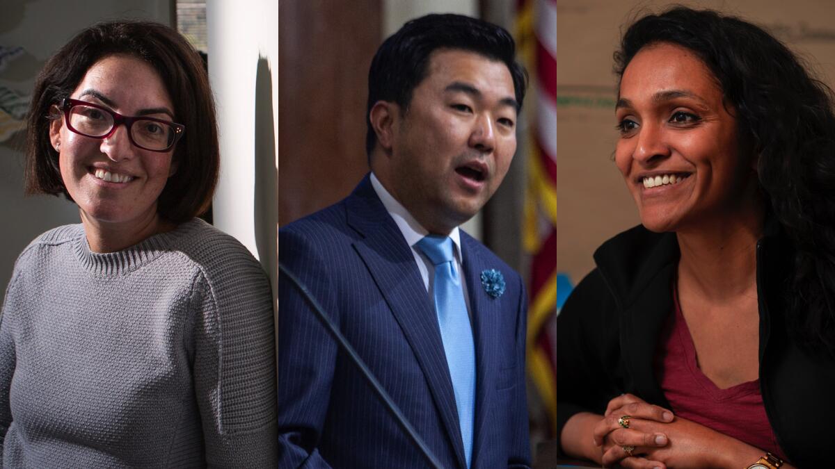 Los Angeles City Council candidates Sarah Kate Levy, left, David Ryu and Nithya Raman are running to represent a district that stretches from Sherman Oaks to the Miracle Mile. All have signed a pledge against fossil fuel donations.