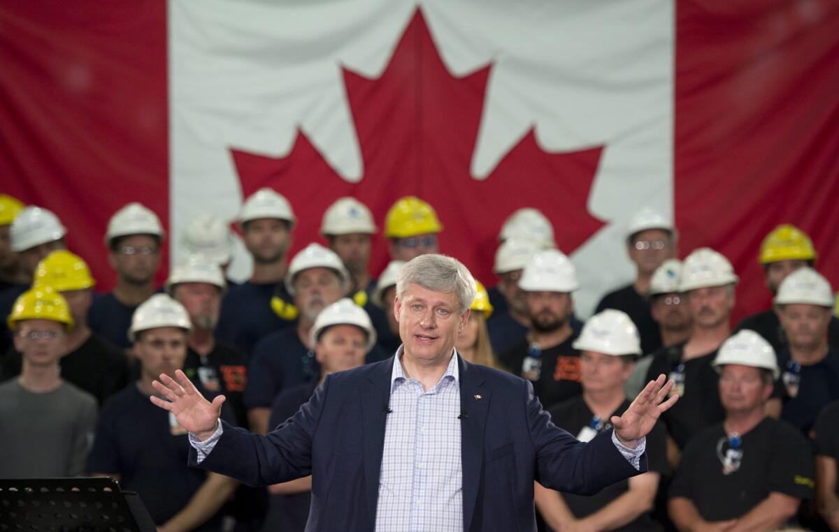 Canadian Prime Minister Stephen Harper speaks during a campaign stop at a steel manufacturer in Burlington, Ontario, on Sept. 1. Canada's federal election will be held on Oct. 19.