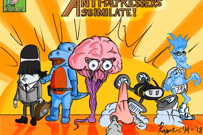 A comic called "Anti-Depressers Assimilate" with different superhero characters, including a brain and a nose.