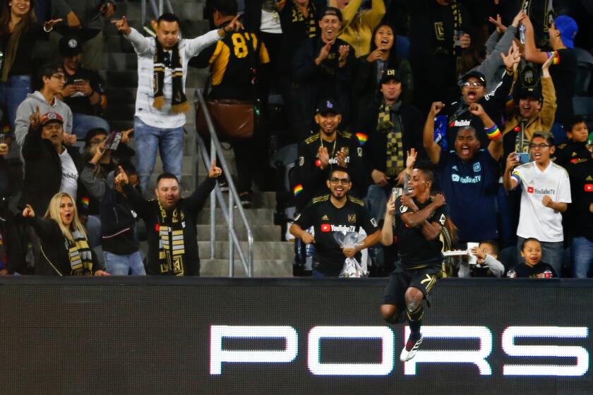 LOS ANGELES, CALIF. - MAY 24: Los Angeles FC forward Latif Blessing (7) celebrates scoring a goal against the Montreal Impact during a Major League Soccer game between the Montreal Impact and the Los Angeles FC at Banc of California Stadium on Friday, May 24, 2019 in Los Angeles, Calif. (Kent Nishimura / Los Angeles Times)