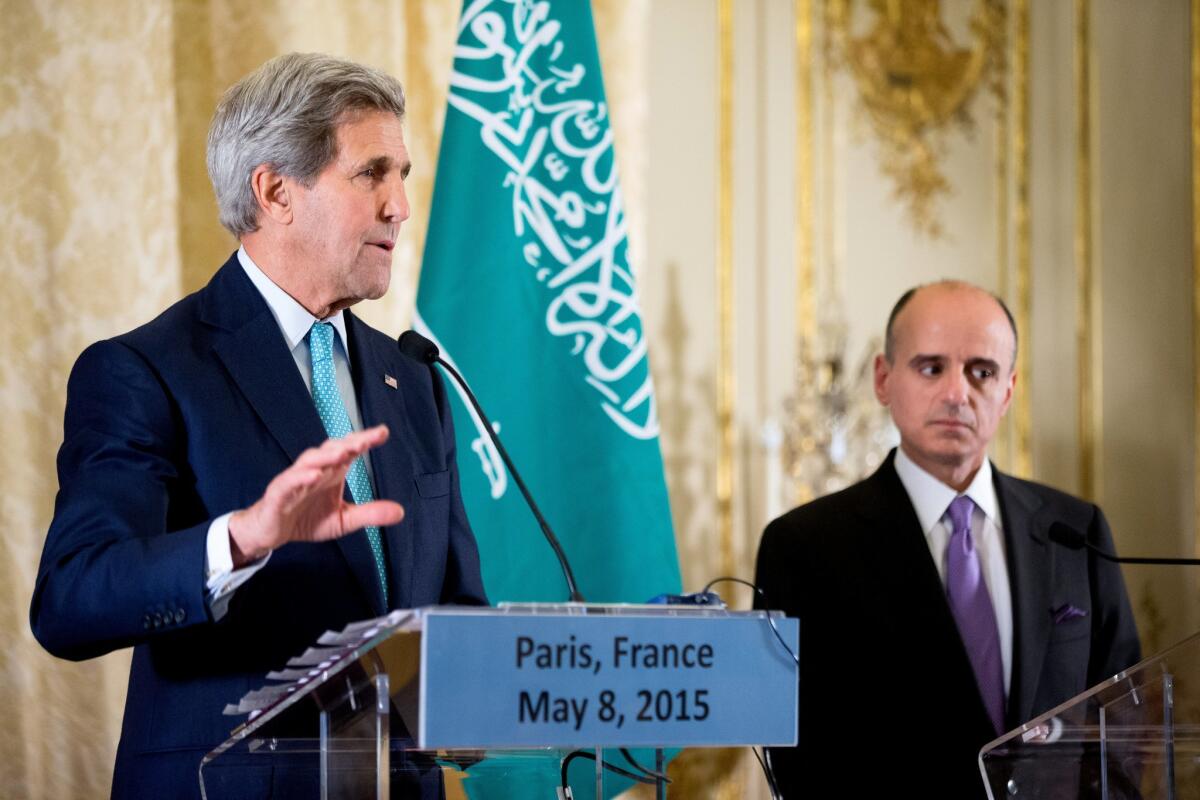 Secretary of State John F. Kerry, left, and Saudi Foreign Minister Adel Jubeir discuss a cease-fire in Yemen at a news conference in Paris on May 8.