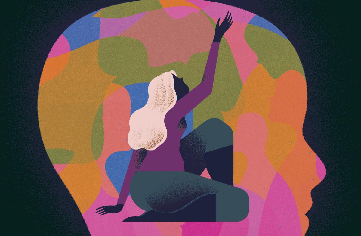 An abstract illustration of a kneeling dancer performing against a backdrop of a multicolored silhouette of a human head 