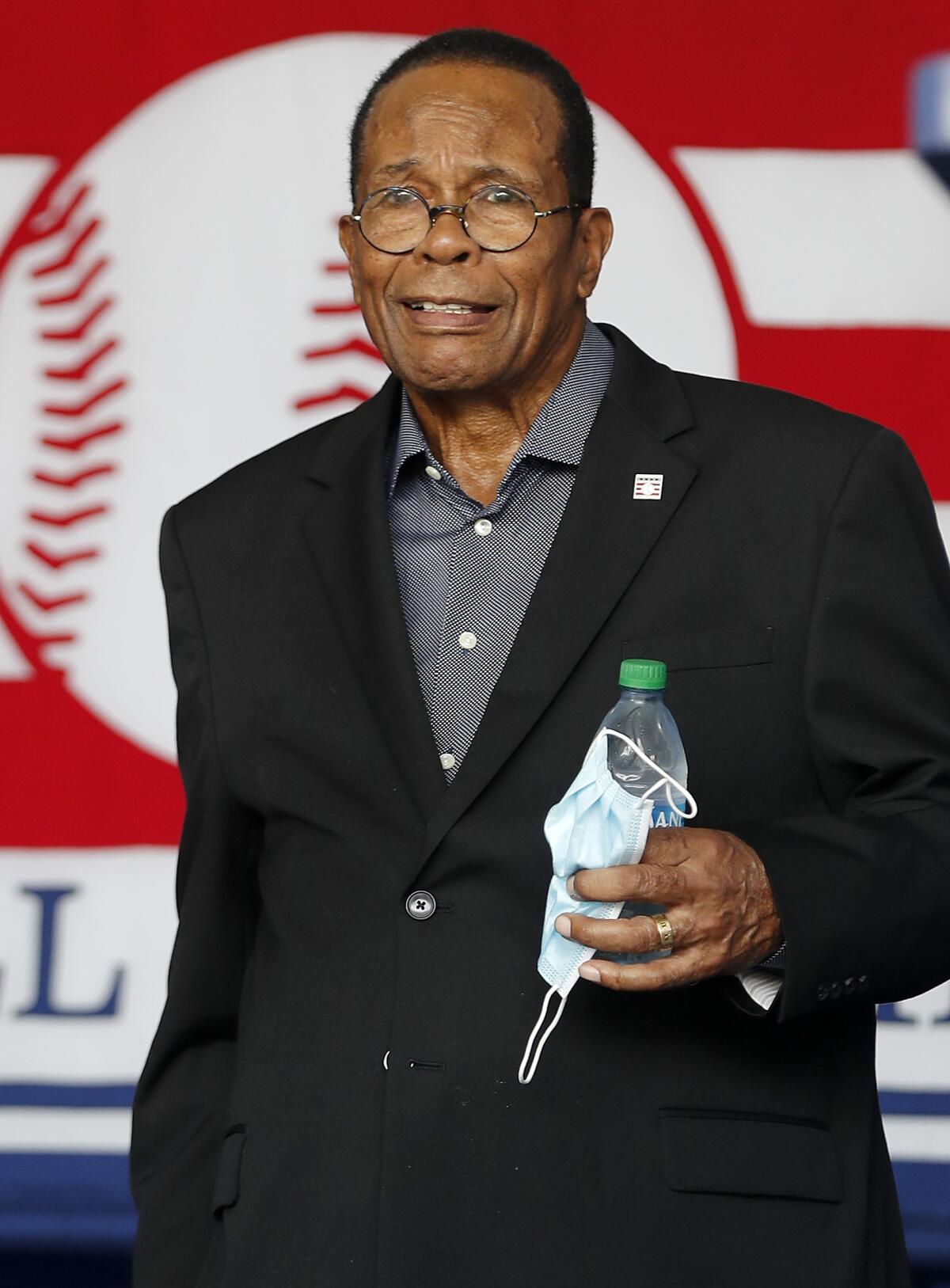 Hall of Famer Rod Carew is introduced during the Baseball Hall of Fame induction ceremony in 2021 in Cooperstown, New York.
