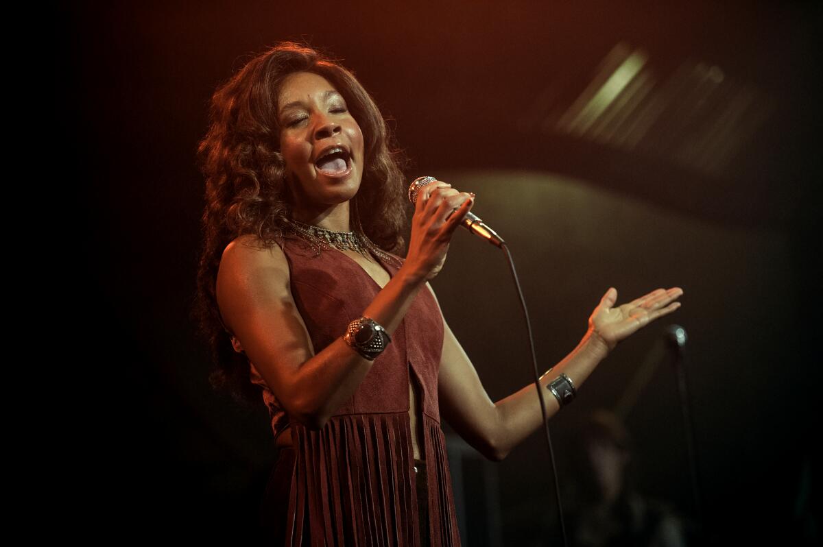 Nabiyah Be sings onstage as disco queen Simone Jackson in "Daisy Jones."