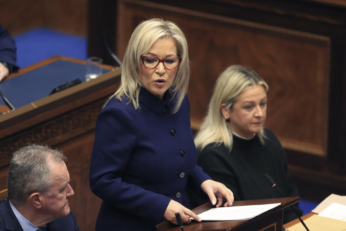 Sinn Fein Vice President Michelle O'Neill speaks at the Northern Ireland Assembly in Belfast.