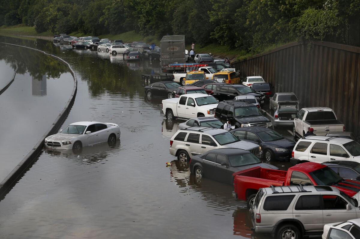 Vehicles left stranded on a flooded Interstate 45 in Houston.