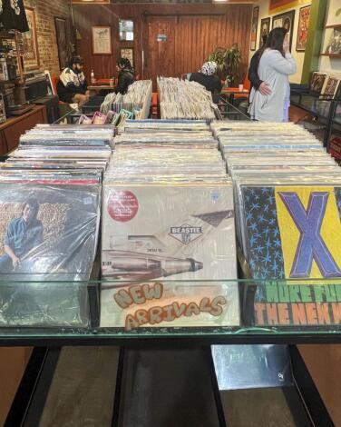 A row of albums at Cosmic Vinyl record store 