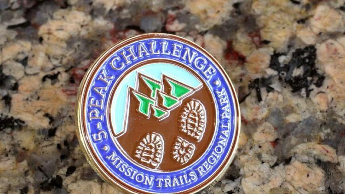 People who complete the 5-Peak Challenge in Mission Trails Regional Park receive this pin. (Charlie Neuman)