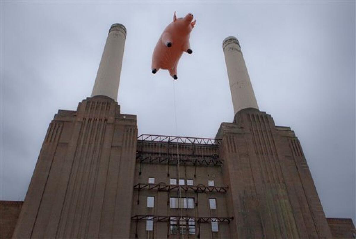 An inflatable pink pig, which was made famous on the sleeve of the 1976 Pink Floyd album "Animals," flew once again over Battersea Power Station in south west London, on Monday, Sept. 26 2011. A new album by the band, "The Endless River," its first release of new music in 20 years, is due out Nov. 10 (AP Photo/Joel Ryan)