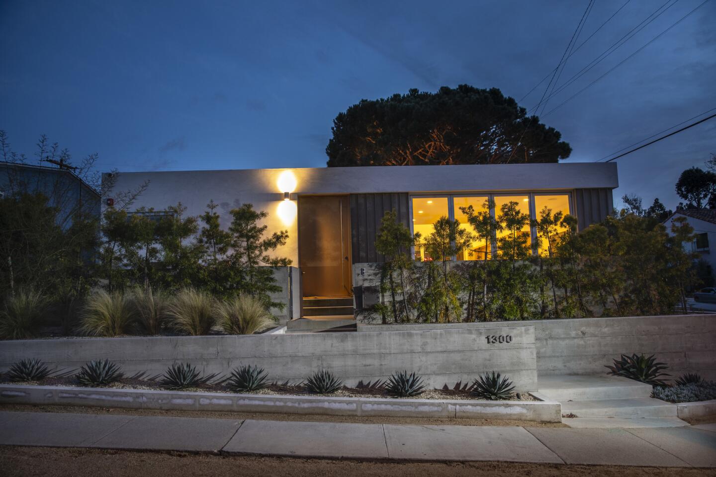 A green screen of tall podocarpus, fountain grass reminiscent of beach grasses and a "Desert Museum" palo verde tree (far left) soften the board-formed concrete walls at Alison and Jeff Goad's Manhattan Beach home. The walls were stepped back as required by city zoning regulations. Next to the entrance's white oak pivot-hinge door are the living room's glass doors, which can be folded out of the way as needed.