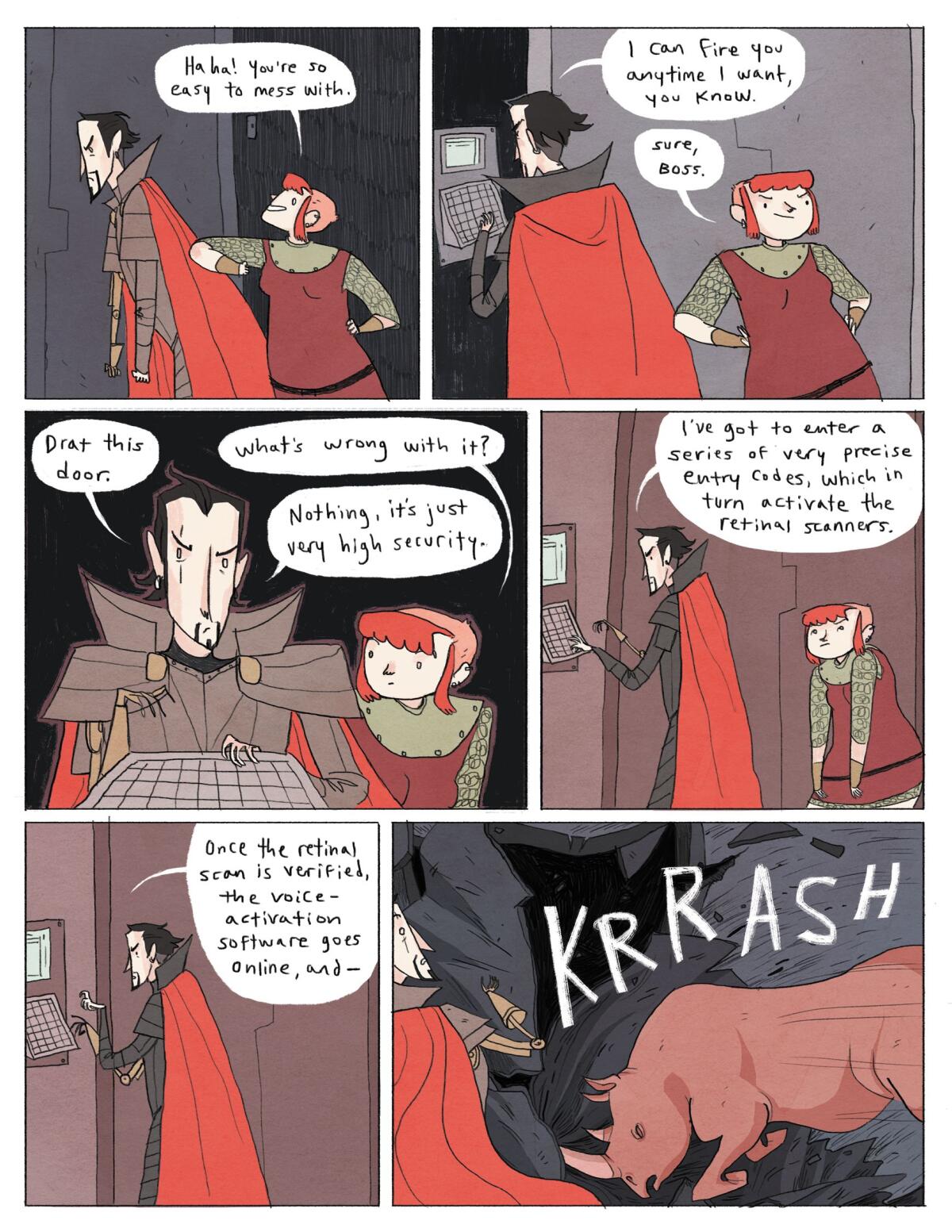 A comic page with various panels and graphics of Nimona and a man