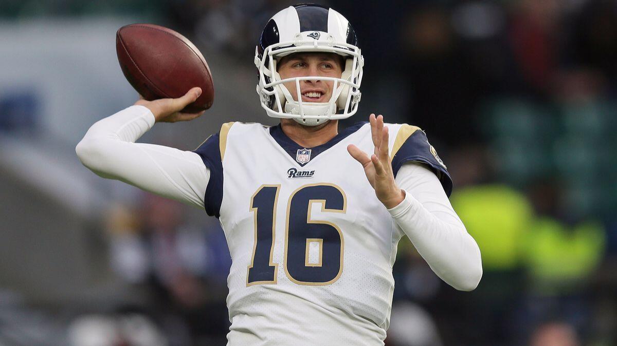 Rams quarterback Jared Goff warms before a game against the Arizona Cardinals at Twickenham Stadium in London on Sunday.