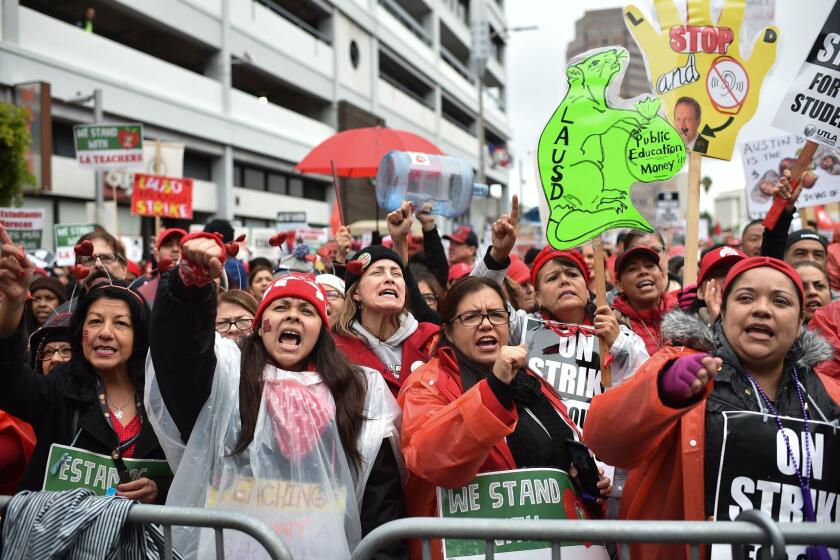 Striking teachers and their supporters rally in downtown Los Angeles, California on the second day of the teachers strike, on January 15, 2019. - Teachers of the Los Angeles Unified School District (LAUSD), the second largest public school district in the United States, are striking for smaller class size, better school funding and higher teacher pay. (Photo by Robyn Beck / AFP)ROBYN BECK/AFP/Getty Images ** OUTS - ELSENT, FPG, CM - OUTS * NM, PH, VA if sourced by CT, LA or MoD **