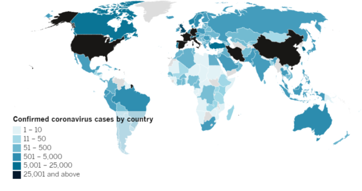 Confirmed COVID-19 cases by country as of 4 p.m. PDT Friday, March 27.