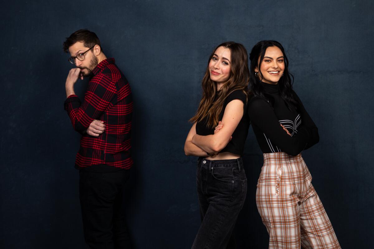 Actors Andy Samberg, Cristin Milioti and Camila Mendes of “Palm Springs.” 