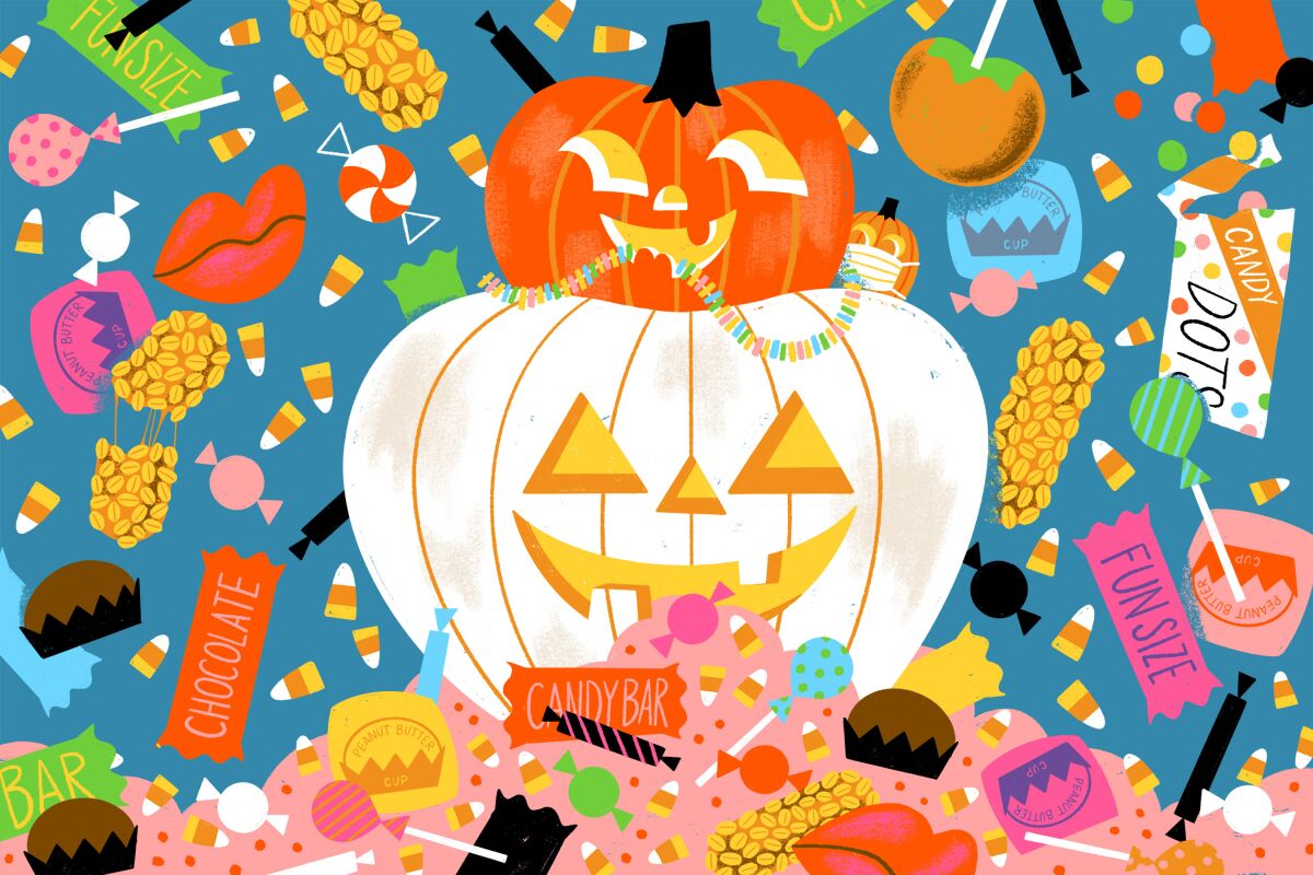 Illustration of candy and Halloween jack-o'-lanterns