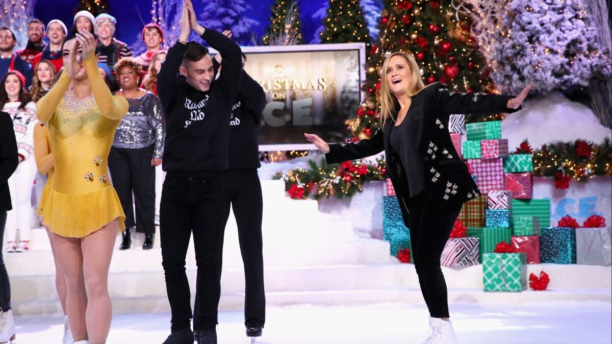 Adam Rippon, second from left, and Samantha Bee perform during the taping of "Full Frontal With Samantha Bee Presents Christmas on I.C.E."