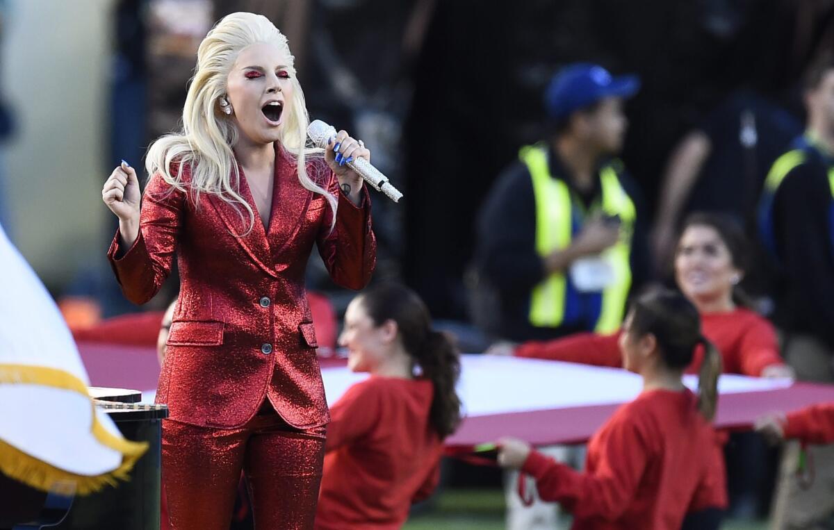 Lady Gaga sings the national anthem before the start of Super Bowl 50 at Levi's Stadium last February.