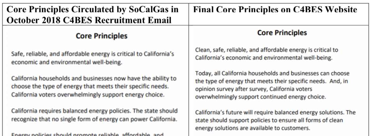 On the left, "core principles" developed for C4BES by a SoCal Gas consultant; on the right, the "core principles" appearing on the organization's web page