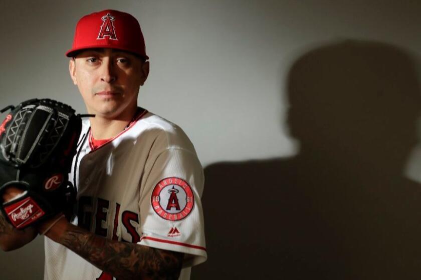 Angels pitcher Jesse Chavez poses for a portrait during spring training photo day on Feb. 21.