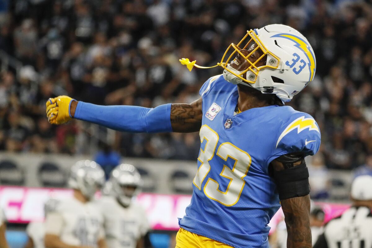 Chargers free safety Derwin James celebrates.